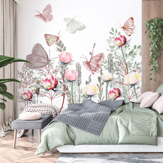 Papel pintado panorámico - Flores Mariposas