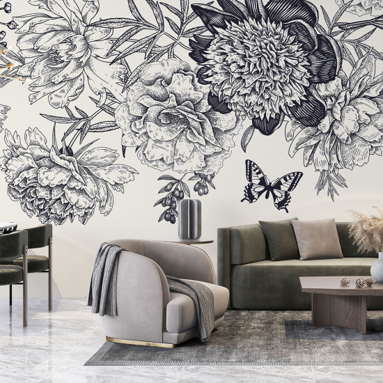 Papel pintado panorámico - Flores Mariposas