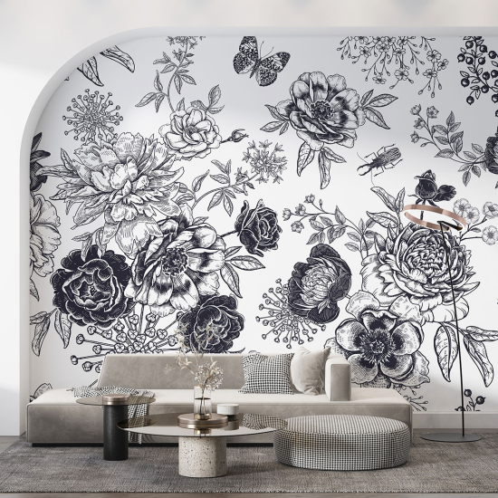 Papel pintado panorámico - Flores Mariposas