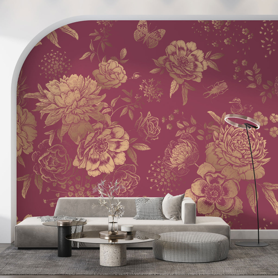 Papel pintado panorámico - Flores Mariposas