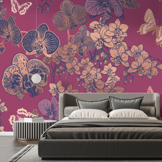 Papel pintado panorámico - Flores Mariposas