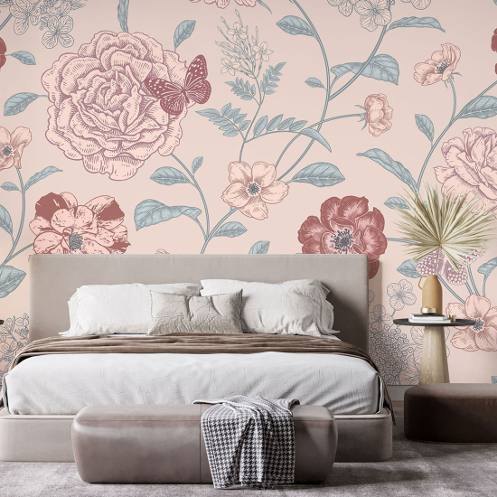 Papel pintado panorámico - Flores Mariposas