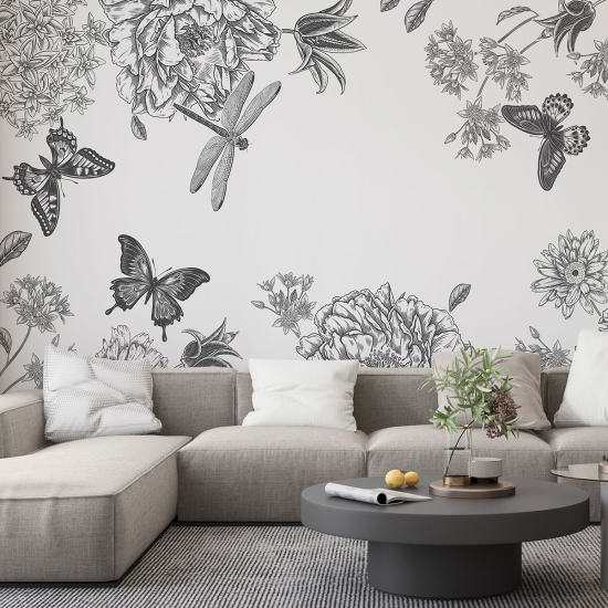 Papel pintado panorámico - Flores Mariposas