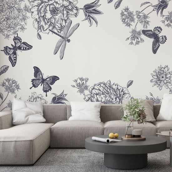 Papel pintado panorámico - Flores Mariposas