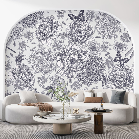 Papel pintado panorámico - Flores Mariposas