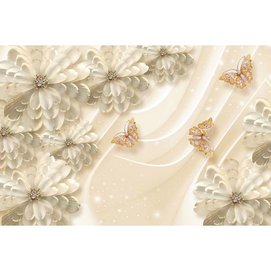 Papel pintado panorámico - Flores Mariposas 3D