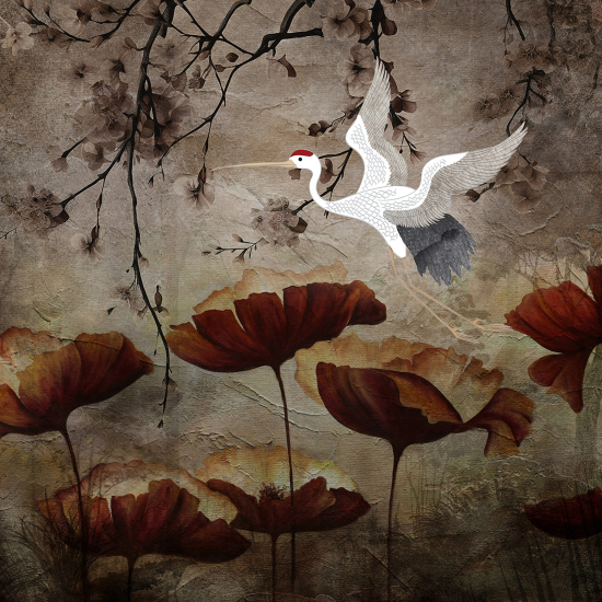 Papel pintado panorámico - Flores Pájaro