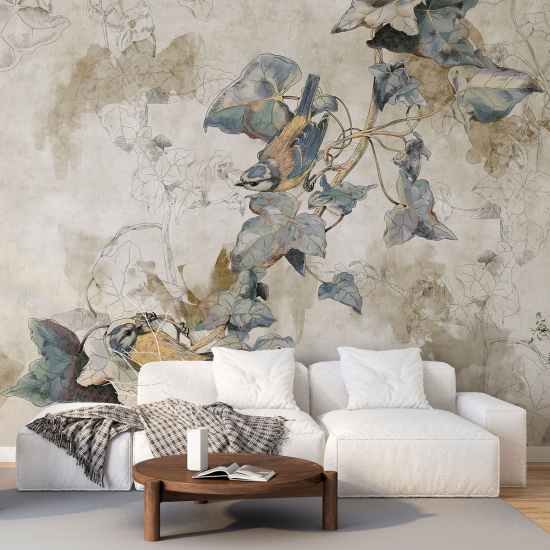 Papel pintado panorámico - Flores Pájaros