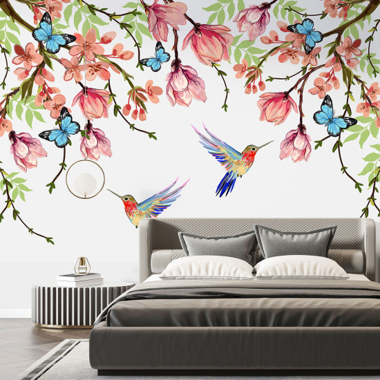 Papel pintado panorámico - Flores pájaros