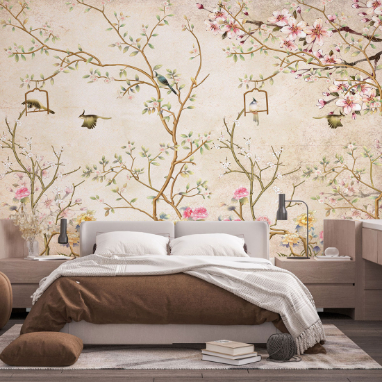 Papel pintado panorámico - Flores Pájaros