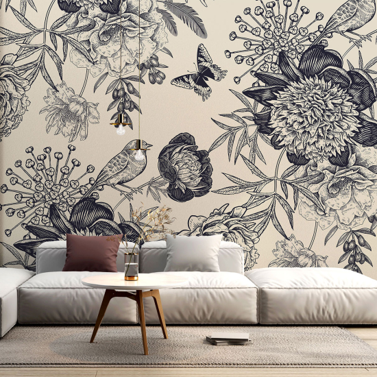 Papel pintado panorámico - Flores Pájaros