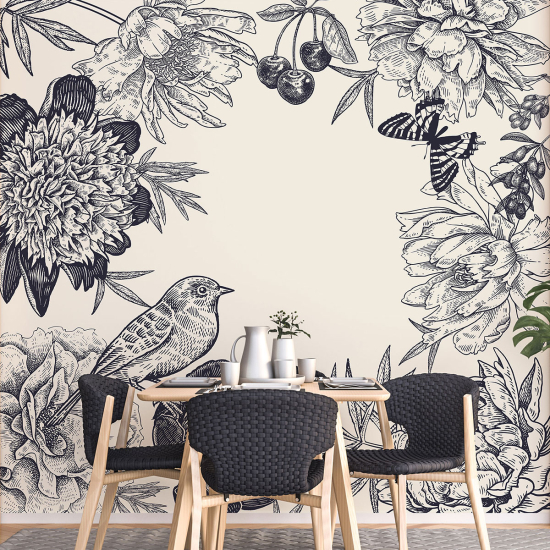 Papel pintado panorámico - Flores Pájaros