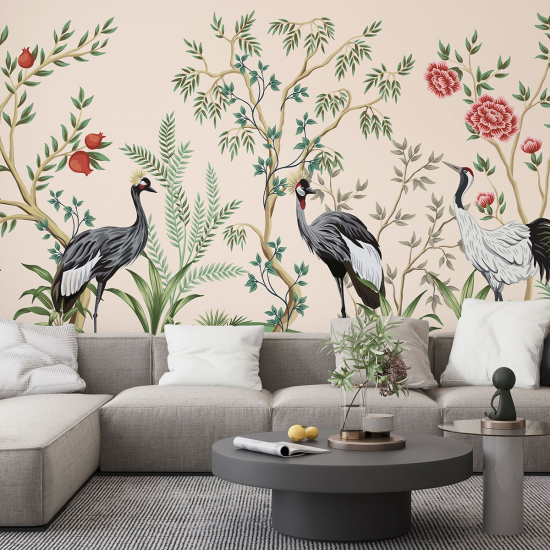 Papel pintado panorámico - Flores Pájaros
