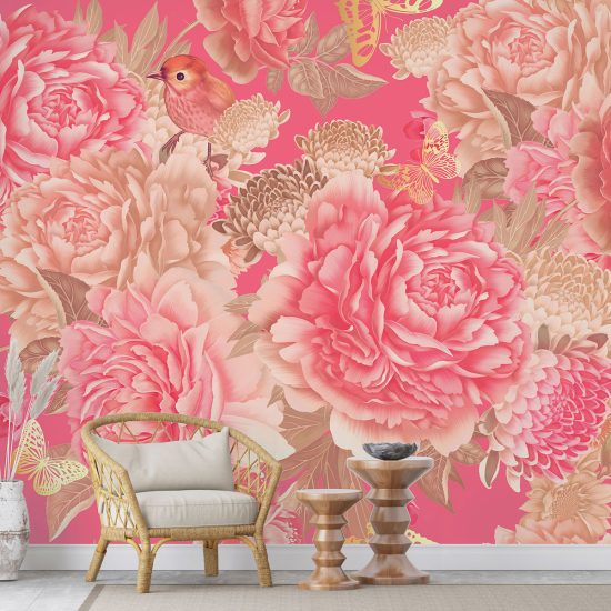 Papel pintado panorámico - Flores Pájaros