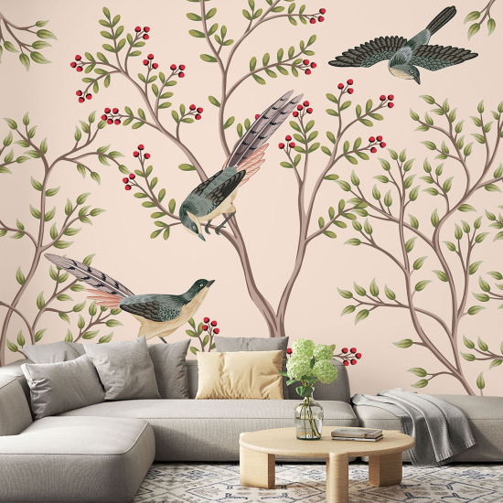 Papel pintado panorámico - Flores Pájaros