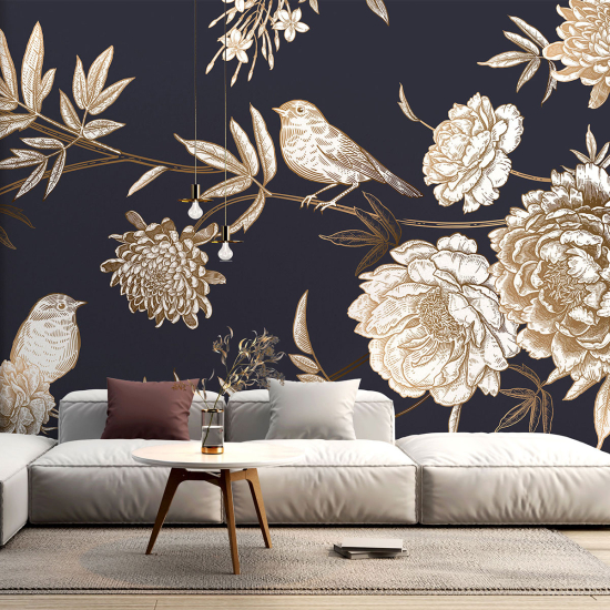 Papel pintado panorámico - Flores Pájaros