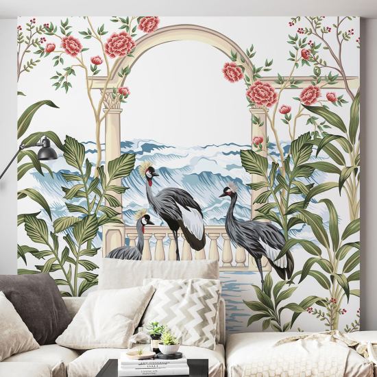 Papel pintado panorámico - Flores Pájaros