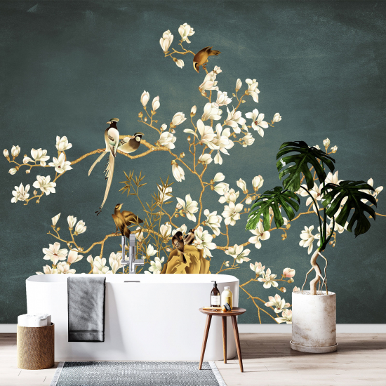Papel pintado panorámico - Flores Pájaros
