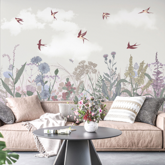 Papel pintado panorámico - Flores Pájaros