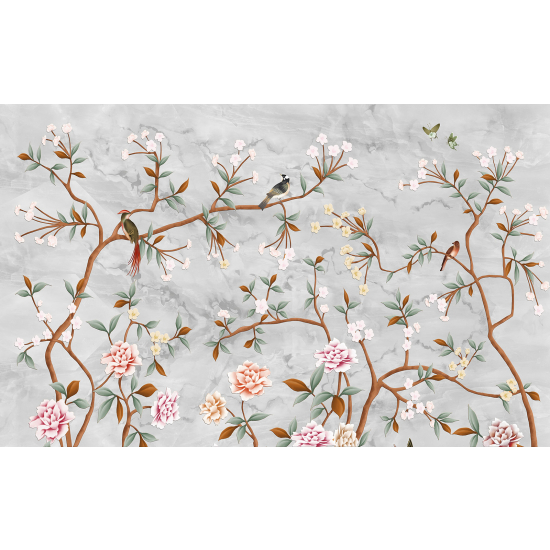 Papel pintado panorámico - Flores Pájaros