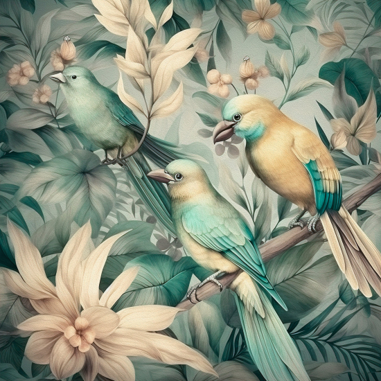 Papel pintado panorámico - Flores Pájaros
