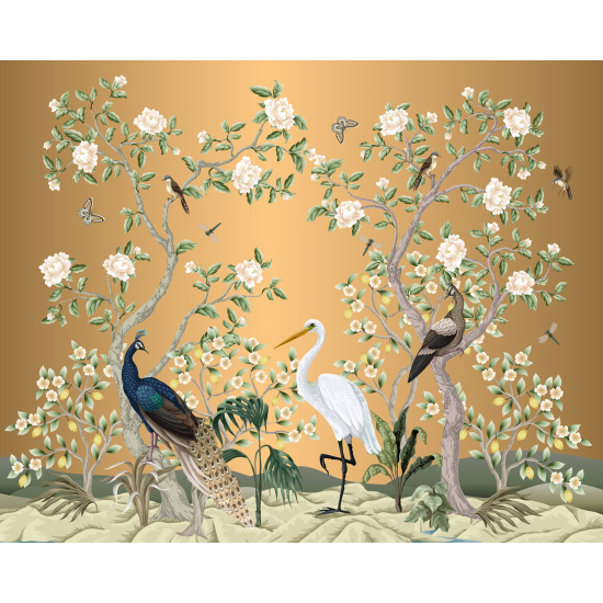 Papel pintado panorámico - Flores Pájaros