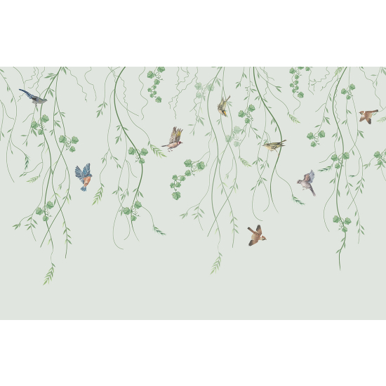 Papel pintado panorámico - Flores Pájaros