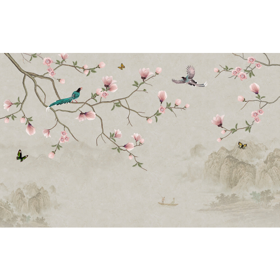 Papel pintado panorámico - Flores Pájaros
