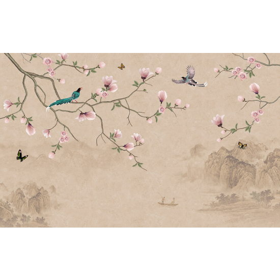 Papel pintado panorámico - Flores Pájaros