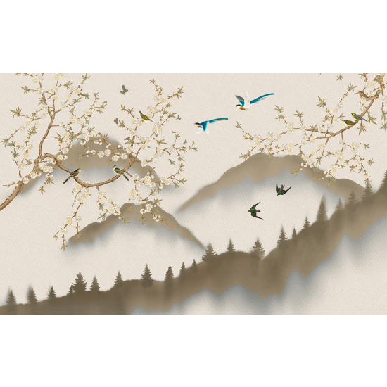 Papel pintado panorámico - Flores Pájaros