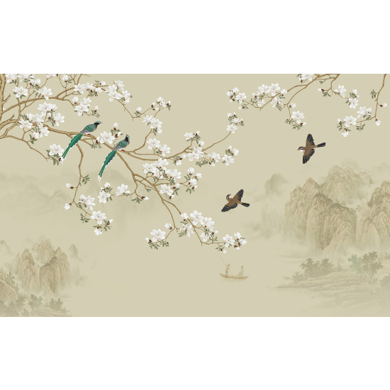 Papel pintado panorámico - Flores Pájaros