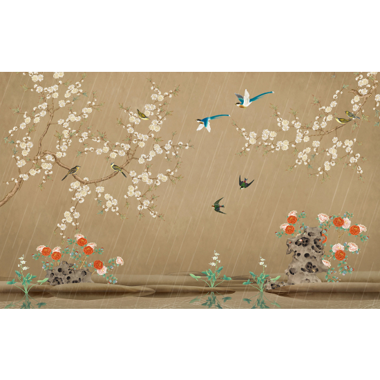 Papel pintado panorámico - Flores Pájaros
