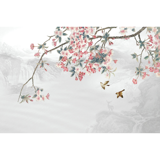 Papel pintado panorámico - Flores Pájaros