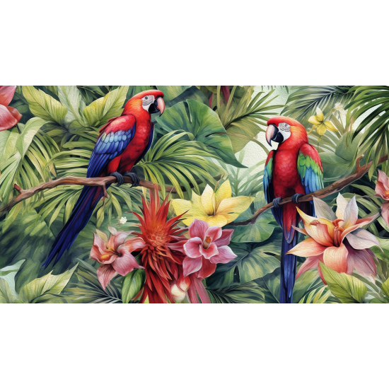 Papel pintado panorámico - Flores y loros