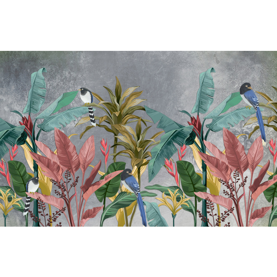 Papel pintado panorámico - Hojas Tropicales Pájaros