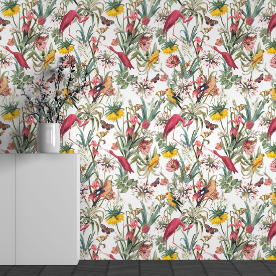 Papel pintado panorámico - Motivo Flores Flamencos Rosados