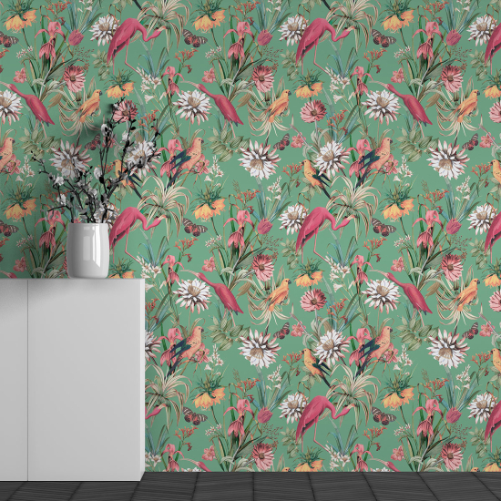 Papel pintado panorámico - Motivo Flores Flamencos Rosados