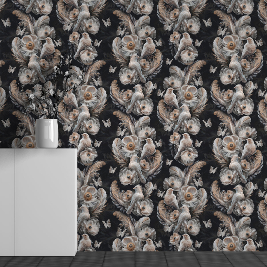 Papel pintado panorámico - Motivo Flores Pájaros