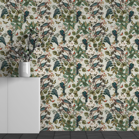Papel pintado panorámico - Motivo Flores Pájaros