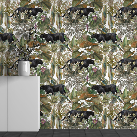Papel pintado panorámico - Motivo Hojas Panteras negras