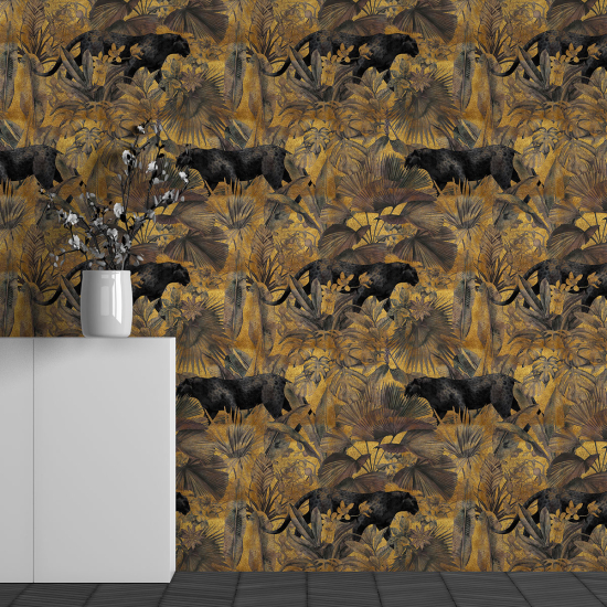 Papel pintado panorámico - Motivo Hojas Panteras negras