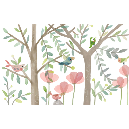 Papel pintado panorámico Niños - Árboles Pájaros