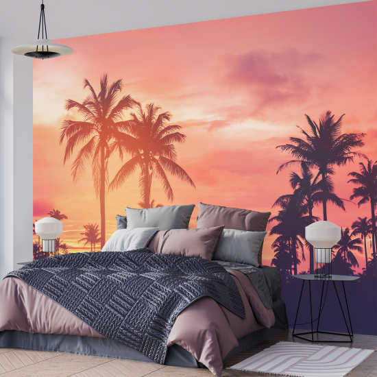 Papel pintado panorámico - Palmeras Puesta de Sol