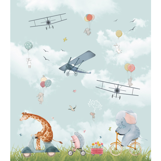 Papel pintado panorámico para niños - Infantil - Animales Aviones