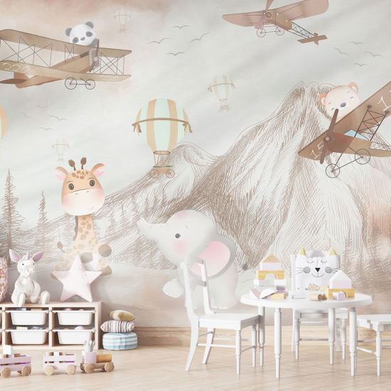 Papel pintado panorámico para niños - Infantil - Aviones Animales