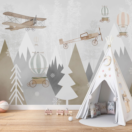 Papel pintado panorámico para niños - Infantil - Aviones Globos Aerostáticos