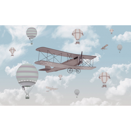 Papel pintado panorámico para niños - Infantil - Aviones Globos Aerostáticos