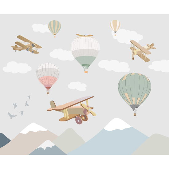 Papel pintado panorámico para niños - Infantil - Aviones Globos Aerostáticos