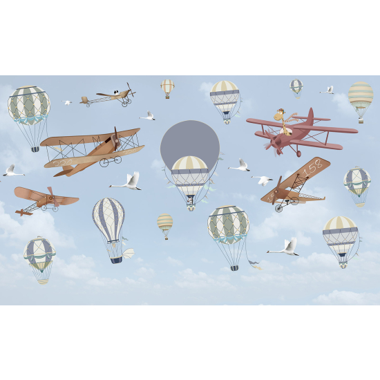 Papel pintado panorámico para niños - Infantil - Aviones Globos Aerostáticos