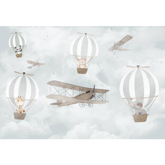 Papel pintado panorámico para niños - Infantil - Aviones Globos Aerostáticos